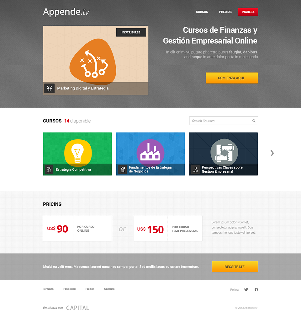 Aprende.tv homepage in Spanish: a dark header with a featured course card and the headline ‘Cursos de Finanzas y Gestión Empresarial Online’, a row of illustrated course tiles, and a pricing section at US$90 and US$150.