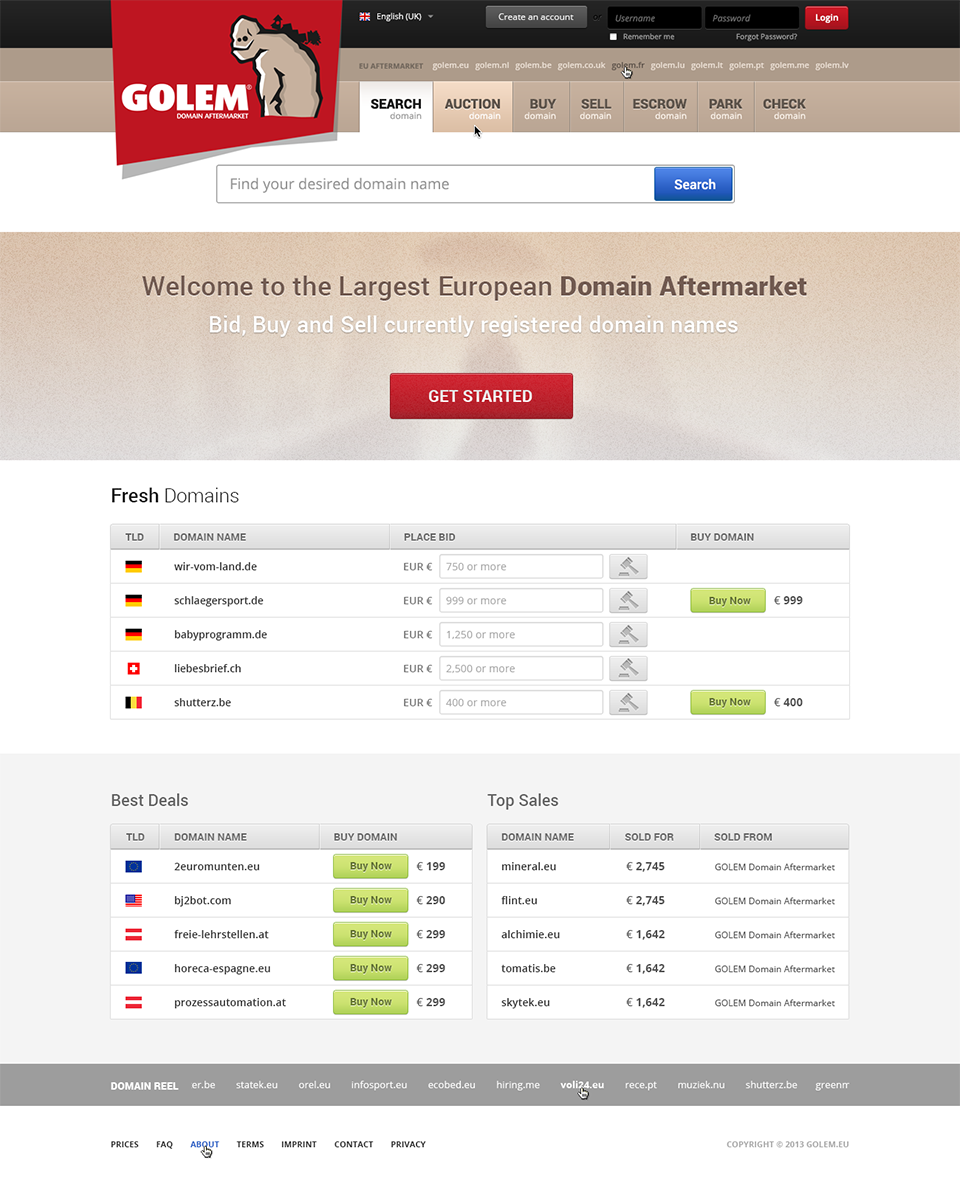 Golem domain aftermarket homepage: red logo with a golem mascot, a tabbed navigation (search, auction, buy, sell, escrow, park, check), a large domain search field, and tables of fresh domains, best deals and top sales in euros.
