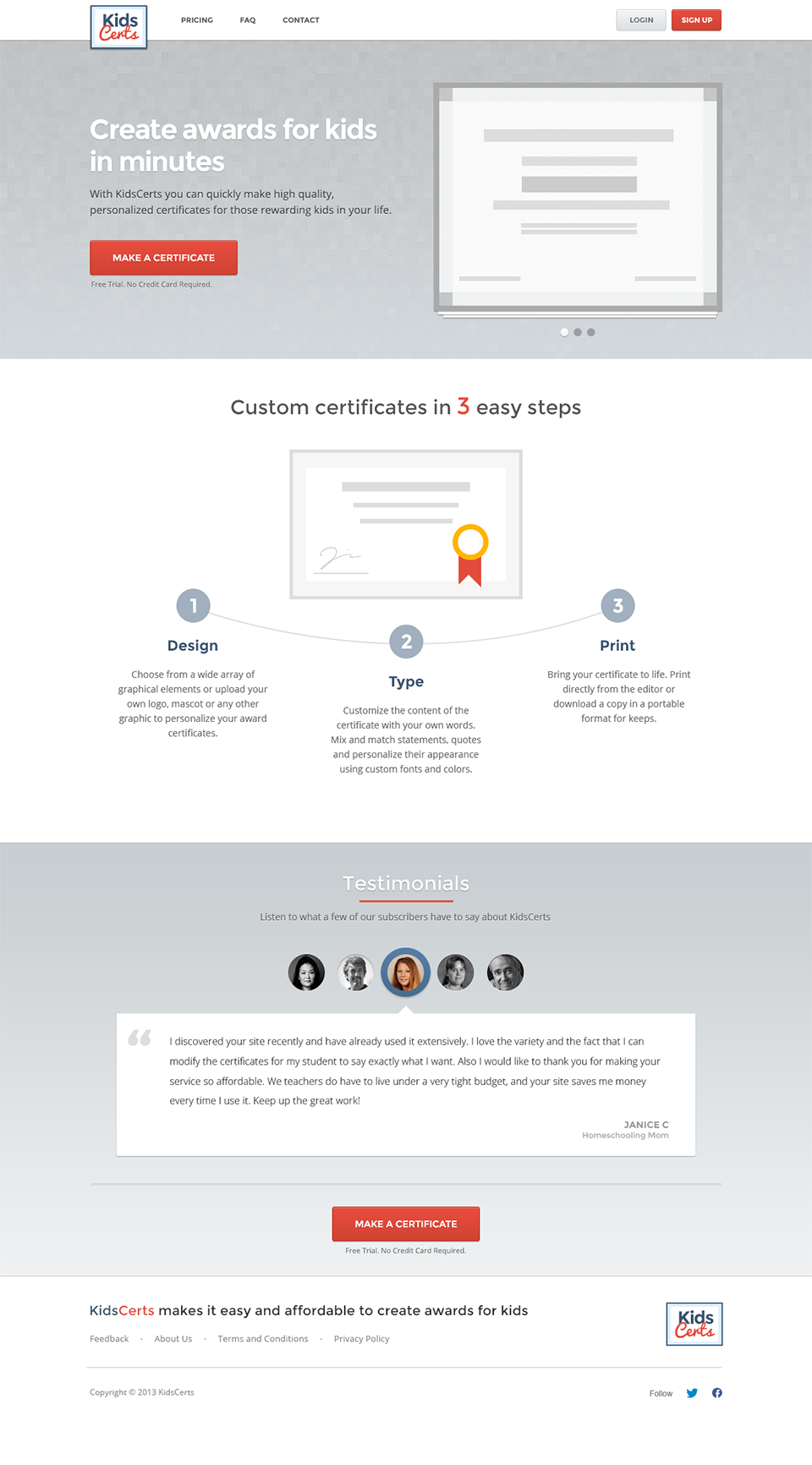 KidsCerts landing page: ‘Create awards for kids in minutes’ beside an illustrated certificate, a three-step explainer (design, type, print) with a ribbon-sealed certificate, a testimonials carousel, and a footer with the KidsCerts logo.