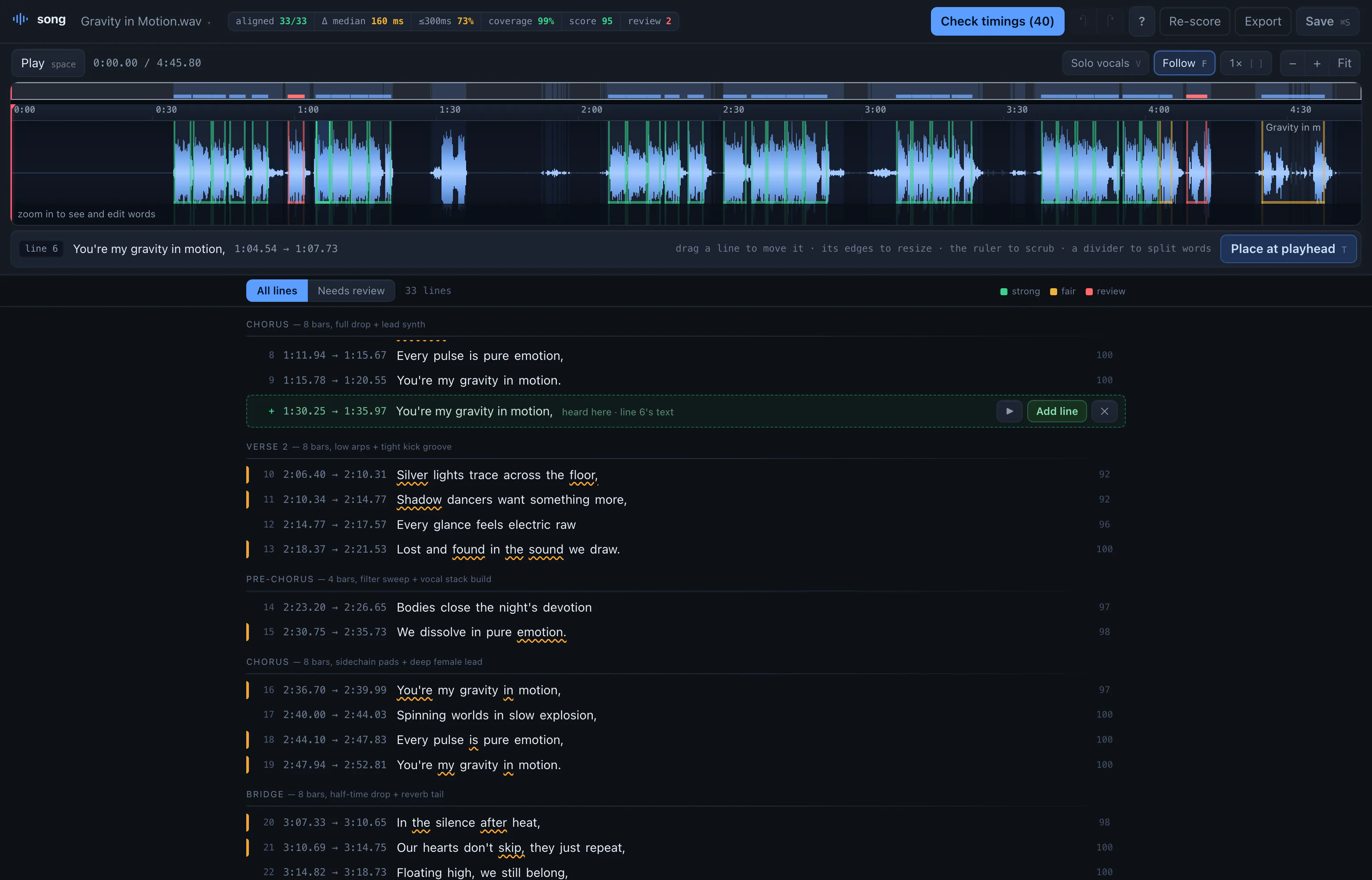 The song app: a waveform with every lyric line bracketed, and the lyrics listed below with per-line scores.