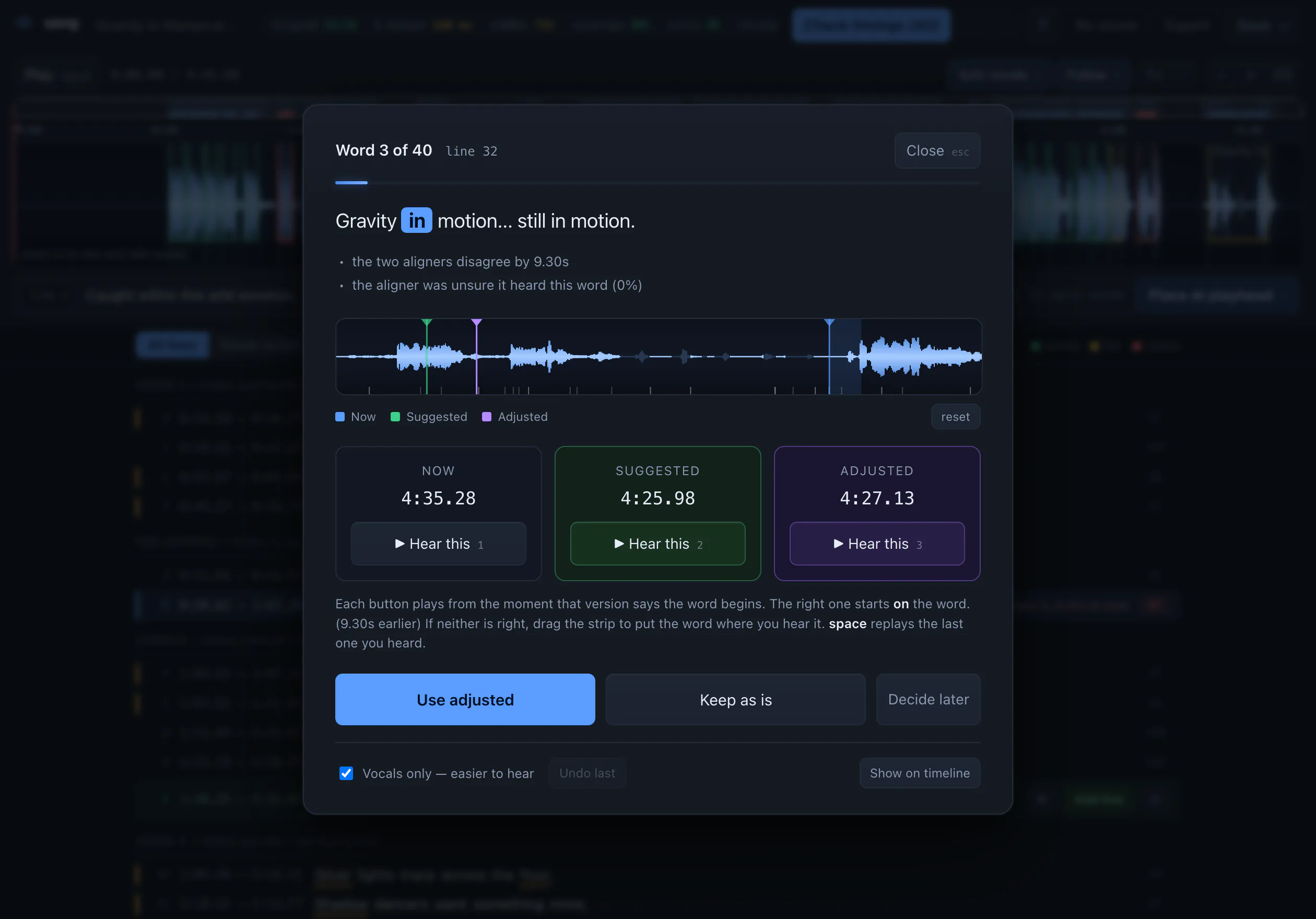 The Check timings card: a waveform strip with blue, green and violet markers, and three options — Now, Suggested and Adjusted — each with its own play button.
