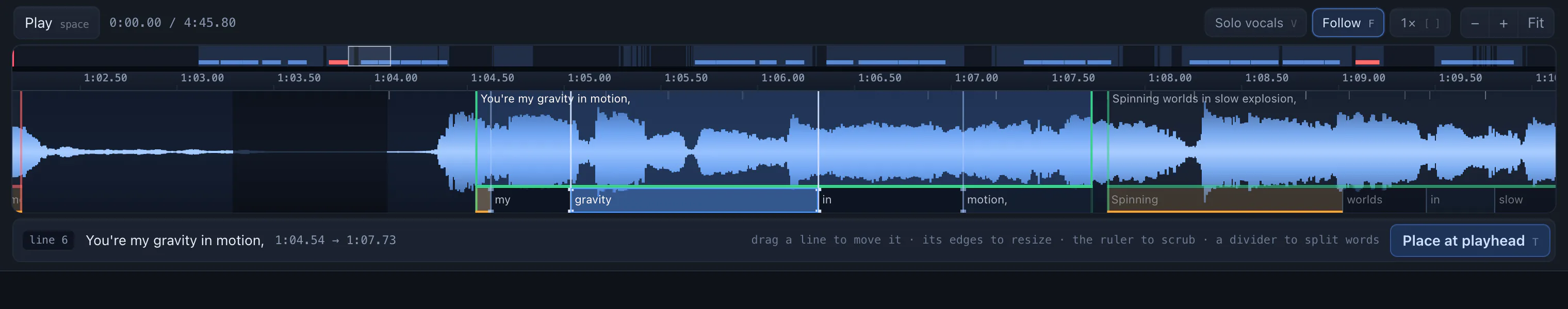 The timeline zoomed to one line, word cells along the bottom with dividers running the full height of the waveform.