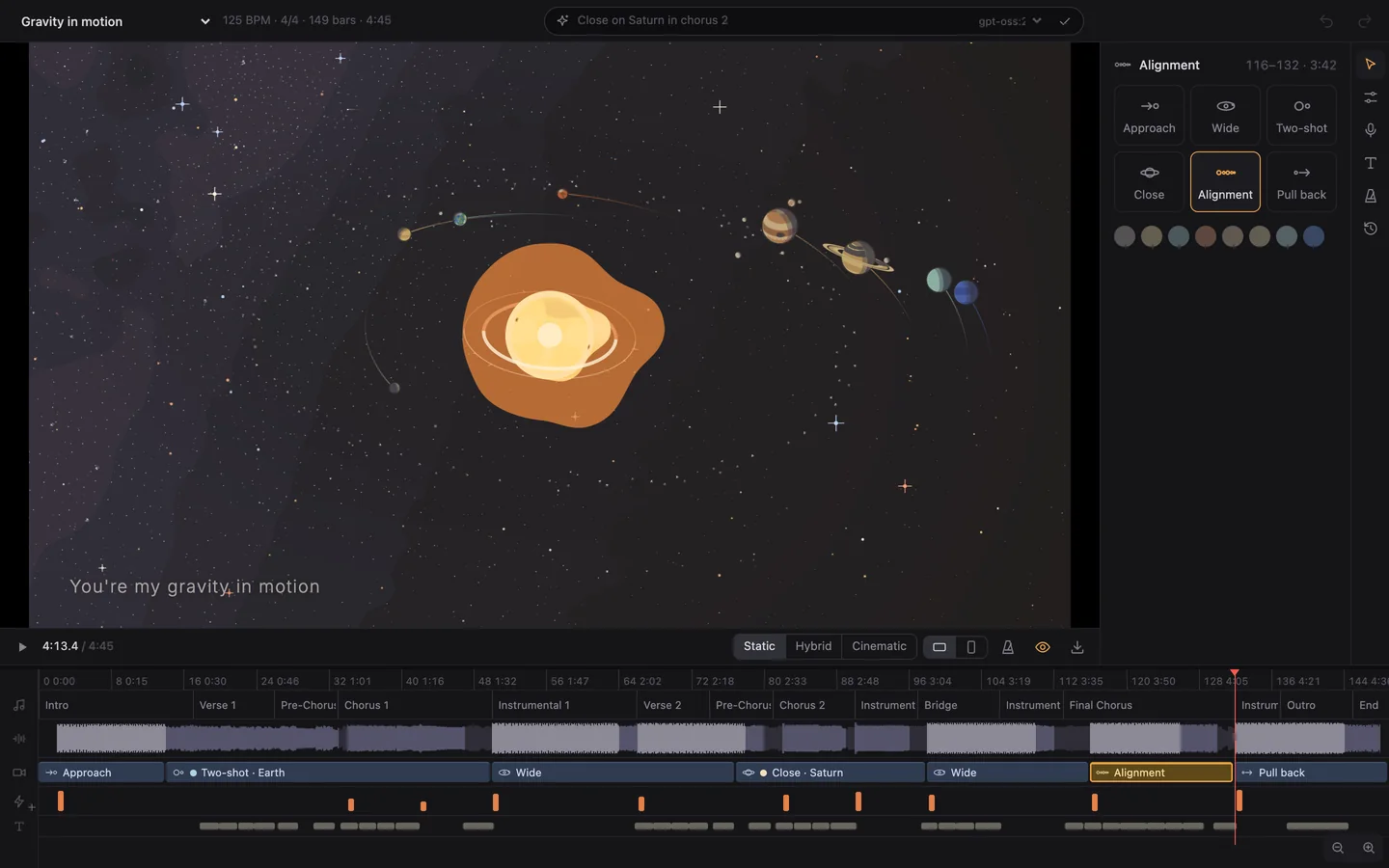 The studio: the video, with the planets in a line, above a timeline of the song's sections, camera shots and lyric lines